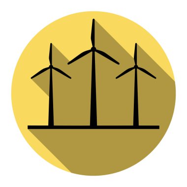 Rüzgar türbinleri işareti. Vektör. Düz siyah simgesi beyaz arka plan ile Kraliyet sarı daire üzerinde düz gölge ile. İzole.