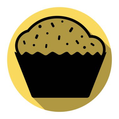 Cupcake işareti. Vektör. Düz siyah simgesi beyaz arka plan ile Kraliyet sarı daire üzerinde düz gölge ile. İzole.