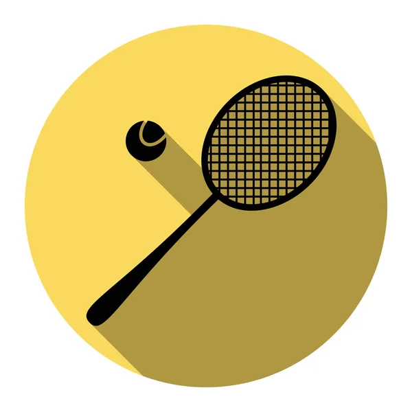 Señal de raqueta de tenis. Vector. Icono plano negro con sombra plana en círculo amarillo real con fondo blanco. Aislado . — Vector de stock