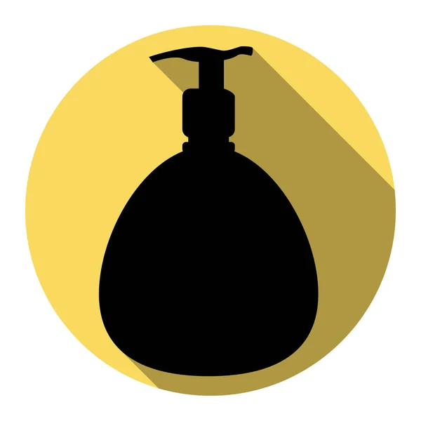 Gel, espuma o jabón líquido. Bomba dispensadora de silueta de botella de plástico. Vector. Icono plano negro con sombra plana en círculo amarillo real con fondo blanco. Aislado . — Archivo Imágenes Vectoriales