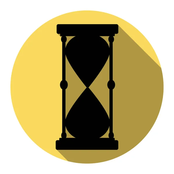 Signo de reloj de arena ilustración. Vector. Icono plano negro con sombra plana en círculo amarillo real con fondo blanco. Aislado . — Vector de stock