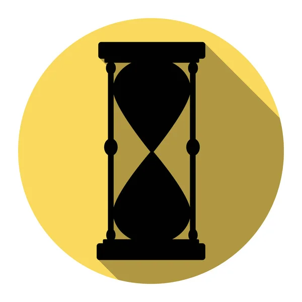 Signo de reloj de arena ilustración. Vector. Icono plano negro con sombra plana en círculo amarillo real con fondo blanco. Aislado . — Archivo Imágenes Vectoriales