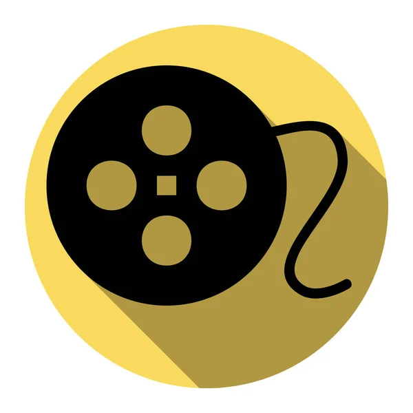 Signo circular de película. Vector. Icono plano negro con sombra plana en círculo amarillo real con fondo blanco. Aislado . — Vector de stock