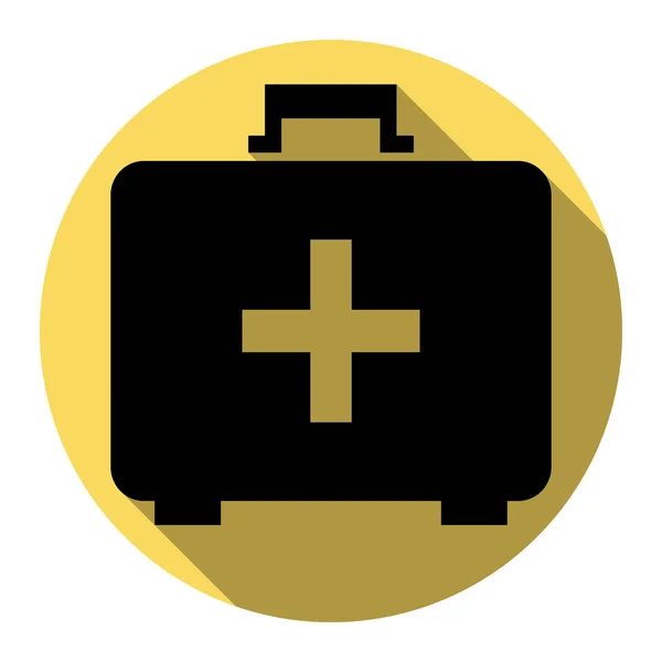 Signe médical de la boîte de premiers soins. Vecteur. Icône noire plate avec ombre plate sur cercle jaune royal avec fond blanc. Isolé . — Image vectorielle