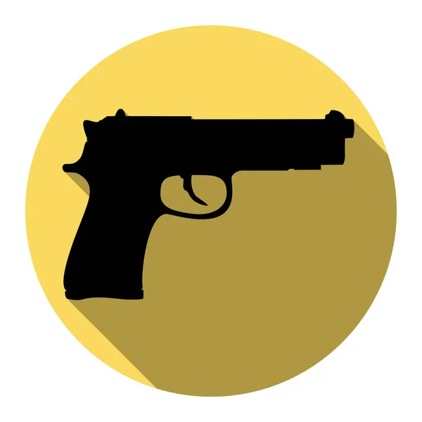 Gun tecken illustration. Vektor. Platt svart ikon med platt skugga på royal gul cirkel med vit bakgrund. Isolerade. — Stock vektor