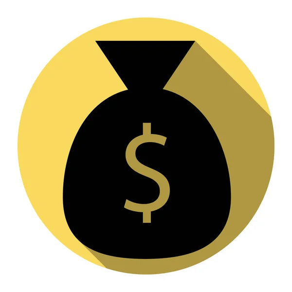 Illustration de sac d'argent. Vecteur. Icône noire plate avec ombre plate sur cercle jaune royal avec fond blanc. Isolé . — Image vectorielle