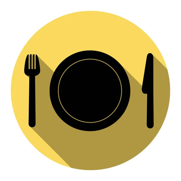 Mes, vork en plaat. Vector. Platte zwarte pictogram met platte schaduw op Koninklijke gele cirkel met een witte achtergrond. Geïsoleerd. — Stockvector