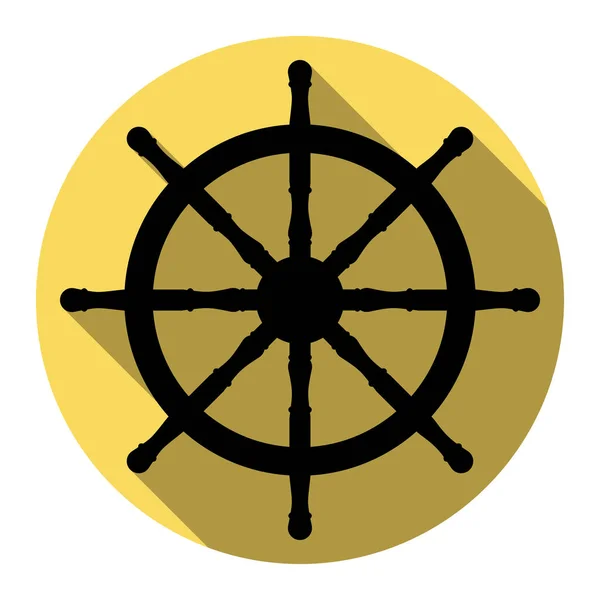 Schip wiel teken. Vector. Platte zwarte pictogram met platte schaduw op Koninklijke gele cirkel met een witte achtergrond. Geïsoleerd. — Stockvector
