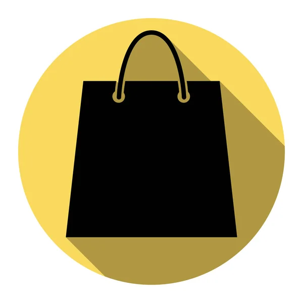 Ilustración de bolsa de compras. Vector. Icono plano negro con sombra plana en círculo amarillo real con fondo blanco. Aislado . — Vector de stock