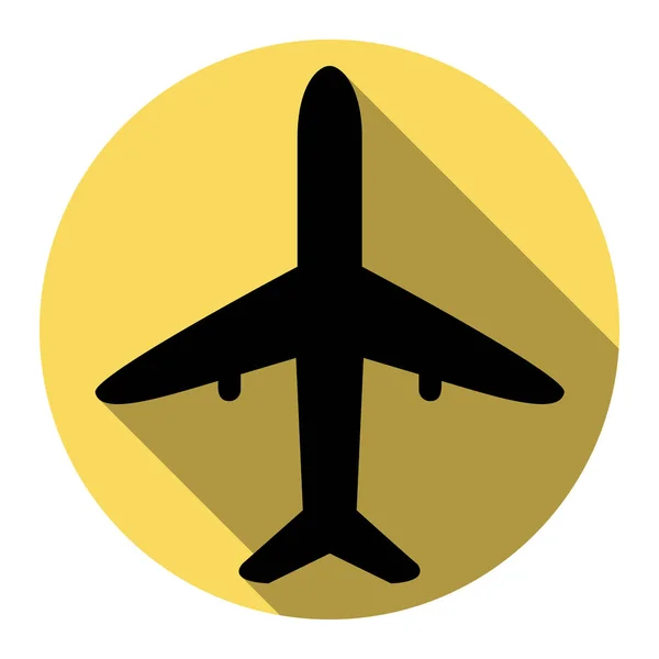 Illustration de panneau d'avion. Vecteur. Icône noire plate avec ombre plate sur cercle jaune royal avec fond blanc. Isolé . — Image vectorielle