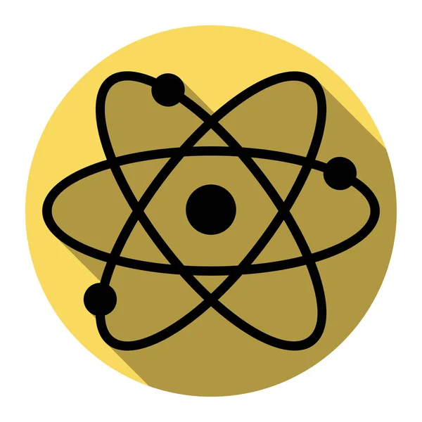 Illustrazione del segno atomico. Vettore. Icona nera piatta con ombra piatta su cerchio giallo reale con sfondo bianco. Isolato . — Vettoriale Stock