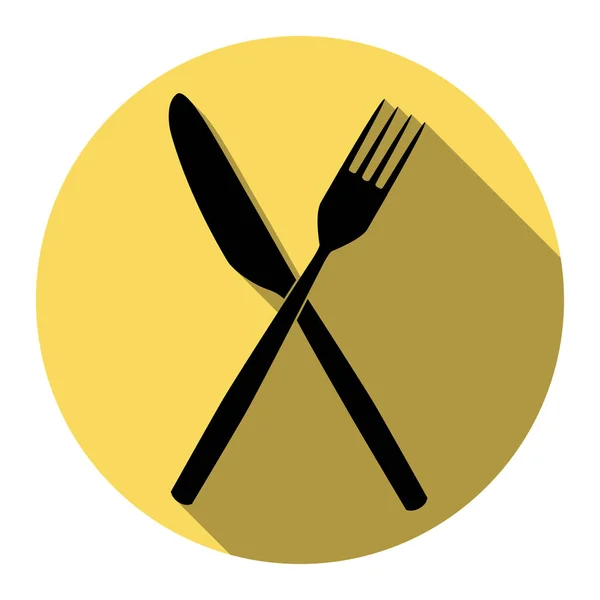 Fork and Knife sign. Vector. Flat black icon with flat shadow on royal yellow circle with white background. Isolated. — Stock Vector