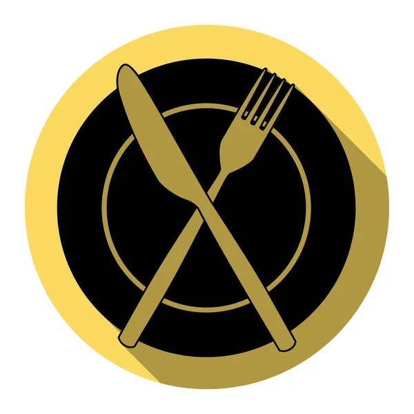 Fork, Knife and Plate sign. Vector. Flat black icon with flat shadow on royal yellow circle with white background. Isolated. — Stock Vector