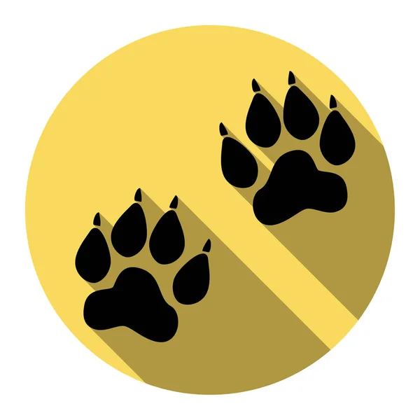 Panneau des traces d'animaux. Vecteur. Icône noire plate avec ombre plate sur cercle jaune royal avec fond blanc. Isolé . — Image vectorielle