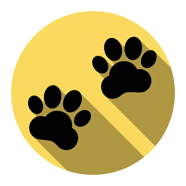 Djurens spår tecken. Vektor. Platt svart ikon med platt skugga på royal gul cirkel med vit bakgrund. Isolerade. — Stock vektor