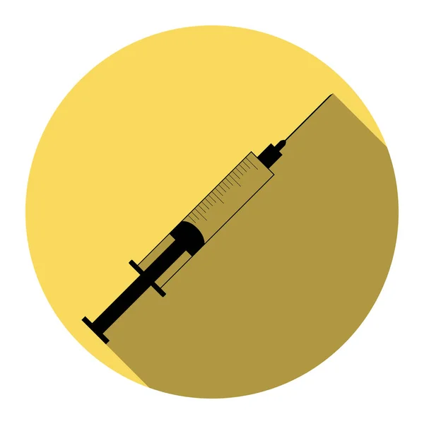 Illustration du panneau de seringue. Vecteur. Icône noire plate avec ombre plate sur cercle jaune royal avec fond blanc. Isolé . — Image vectorielle