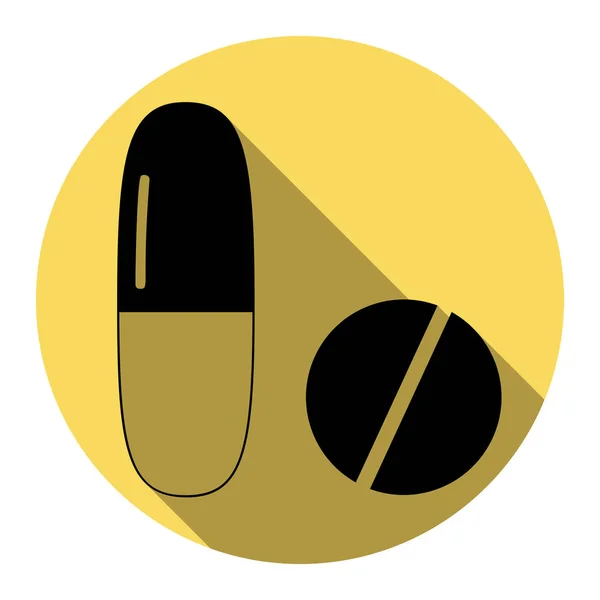 Medicinsk piller logga. Vektor. Platt svart ikon med platt skugga på royal gul cirkel med vit bakgrund. Isolerade. — Stock vektor