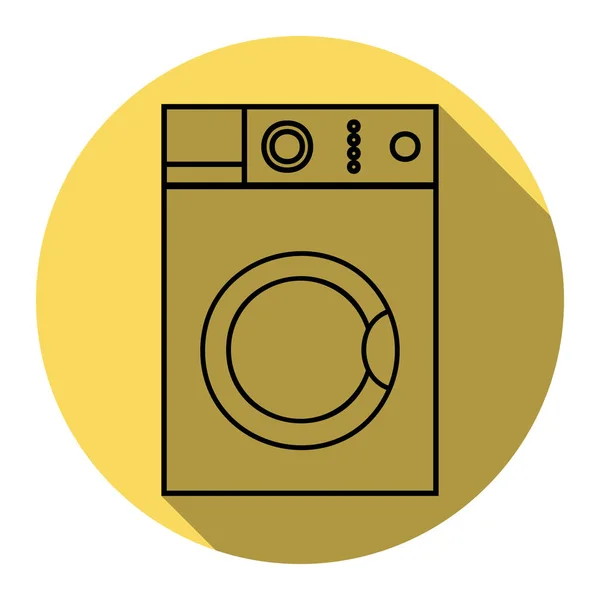 Señal de lavadora. Vector. Icono plano negro con sombra plana en círculo amarillo real con fondo blanco. Aislado . — Vector de stock