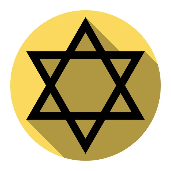 Bouclier Magen David Star. Symbole d'Israël. Vecteur. Icône noire plate avec ombre plate sur cercle jaune royal avec fond blanc. Isolé . — Image vectorielle