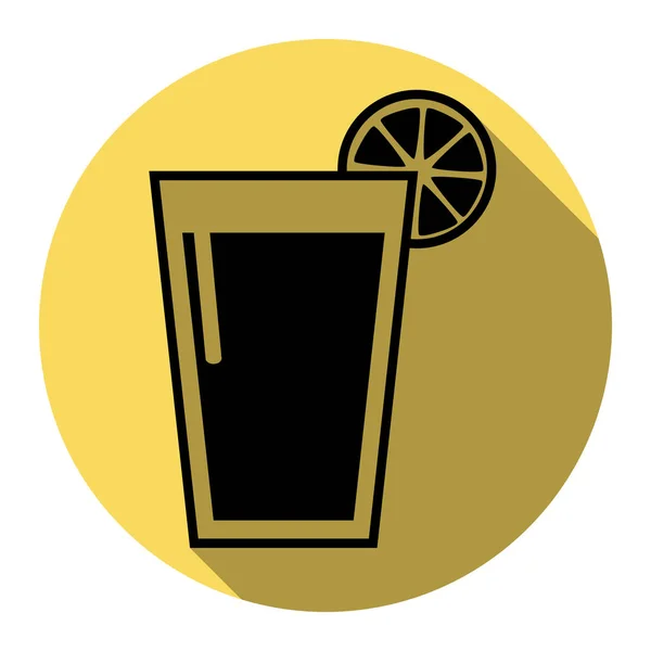 Un verre d'icônes de jus. Vecteur. Icône noire plate avec ombre plate sur cercle jaune royal avec fond blanc. Isolé . — Image vectorielle