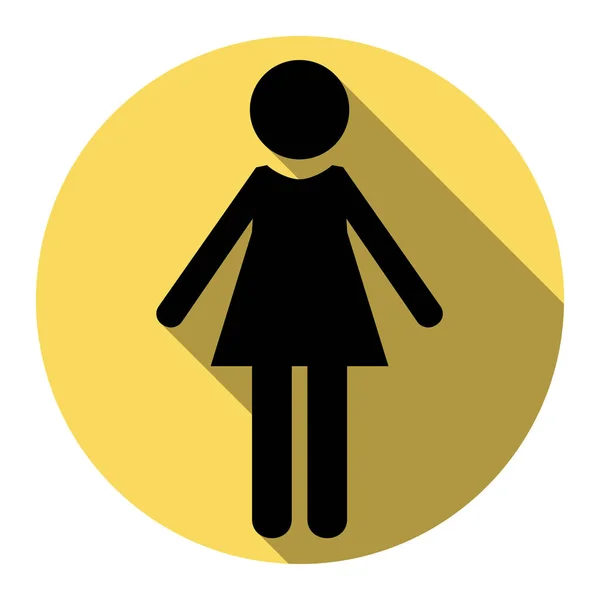 Kvinna tecken illustration. Vektor. Platt svart ikon med platt skugga på royal gul cirkel med vit bakgrund. Isolerade. — Stock vektor