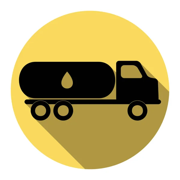 Bilen transporterar olja sign. Vektor. Platt svart ikon med platt skugga på royal gul cirkel med vit bakgrund. Isolerade. — Stock vektor