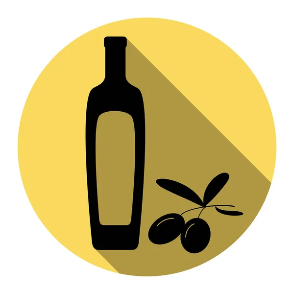 Ramo di olive nere con segno di bottiglia di olio d'oliva. Vettore. Icona nera piatta con ombra piatta su cerchio giallo reale con sfondo bianco. Isolato . — Vettoriale Stock