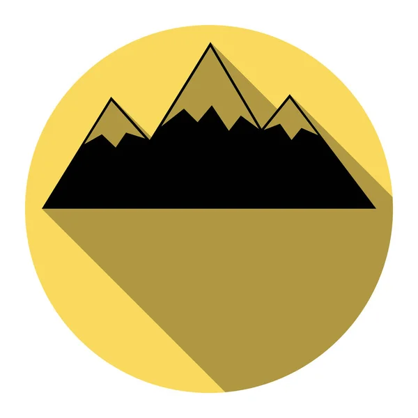 Illustration de signe de montagne. Vecteur. Icône noire plate avec ombre plate sur cercle jaune royal avec fond blanc. Isolé . — Image vectorielle