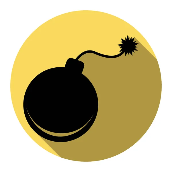Иллюстрация знака бомбы. Вектор. Плоская черная икона с плоской тенью на королевском желтом круге с белым фоном. Isolated . — стоковый вектор