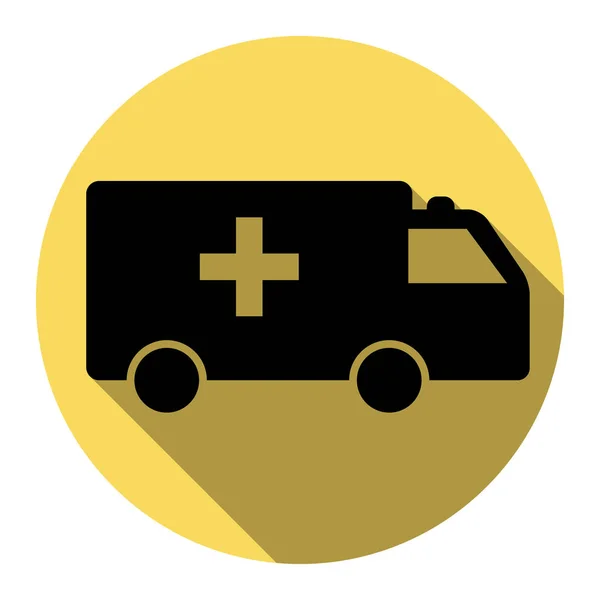 Ilustración de signos de ambulancia. Vector. Icono plano negro con sombra plana en círculo amarillo real con fondo blanco. Aislado . — Vector de stock