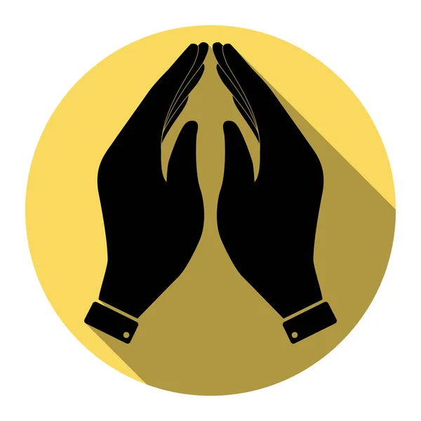 Illustration d'icône de main. Symbole de prière. Vecteur. Icône noire plate avec ombre plate sur cercle jaune royal avec fond blanc. Isolé . — Image vectorielle