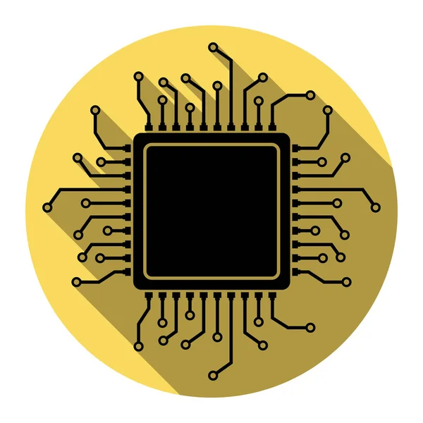 CPU mikroprocessor illustration. Vektor. Platt svart ikon med platt skugga på royal gul cirkel med vit bakgrund. Isolerade. — Stock vektor