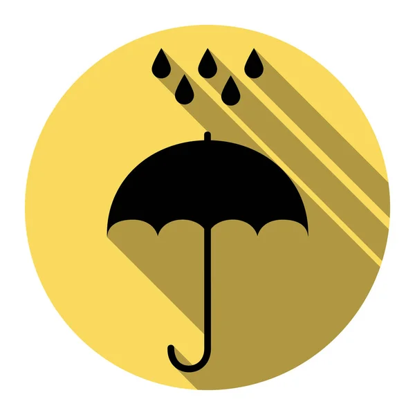 Guarda-chuva com gotas de água. Símbolo de proteção contra chuva. Estilo de design plano. Vector. Ícone preto plano com sombra plana no círculo amarelo real com fundo branco. Isolados . — Vetor de Stock