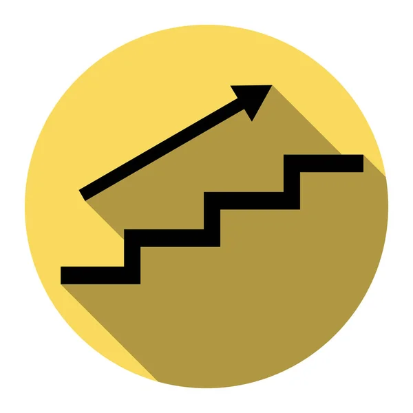 Escalera con flecha. Vector. Icono plano negro con sombra plana en círculo amarillo real con fondo blanco. Aislado . — Vector de stock