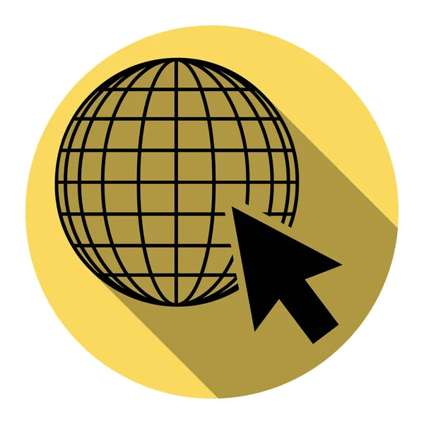 Globe terrestre avec curseur. Vecteur. Icône noire plate avec ombre plate sur cercle jaune royal avec fond blanc. Isolé . — Image vectorielle