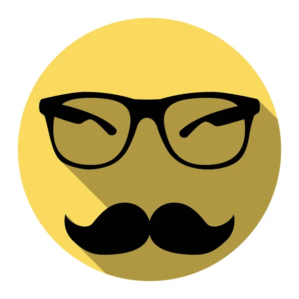 Moustache et lunettes signent. Vecteur. Icône noire plate avec ombre plate sur cercle jaune royal avec fond blanc. Isolé . — Image vectorielle