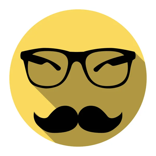 Sinal de bigode e óculos. Vector. Ícone preto plano com sombra plana no círculo amarelo real com fundo branco. Isolados . —  Vetores de Stock