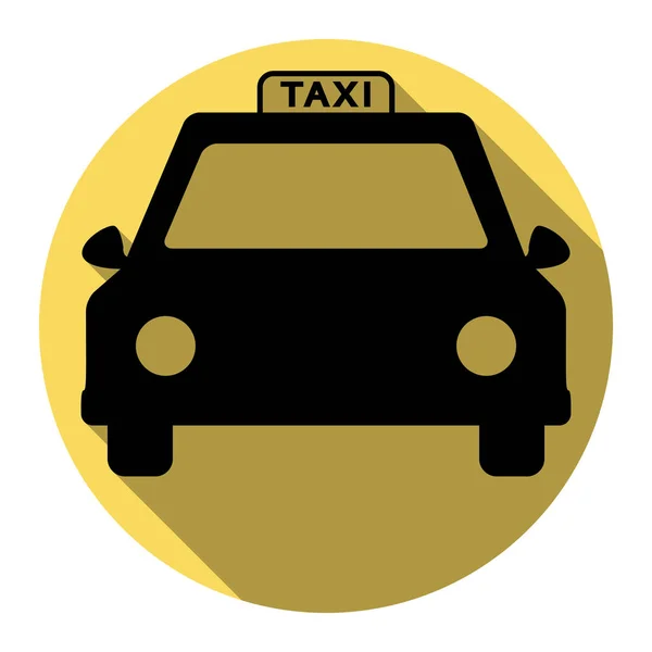 Taxi jel illusztráció. Vektor. Lapos fekete ikon lapos árnyéka a királyi sárga kör-val fehér háttér. Elszigetelt. — Stock Vector