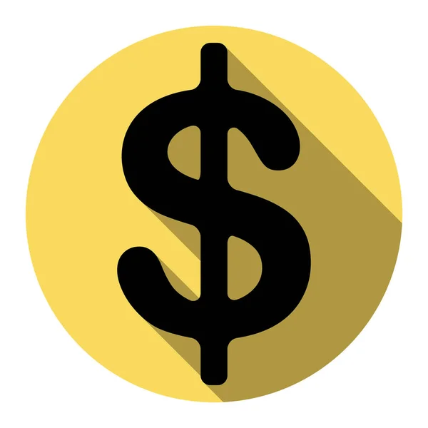Dólares sinal ilustração. símbolo de moeda USD. Rótulo monetário. Vector. Ícone preto plano com sombra plana no círculo amarelo real com fundo branco. Isolados . — Vetor de Stock