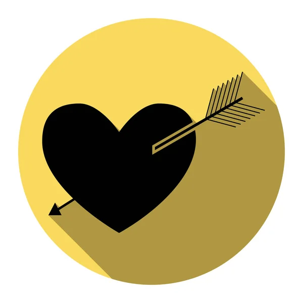 Signo de corazón de flecha. Vector. Icono plano negro con sombra plana en círculo amarillo real con fondo blanco. Aislado . — Archivo Imágenes Vectoriales