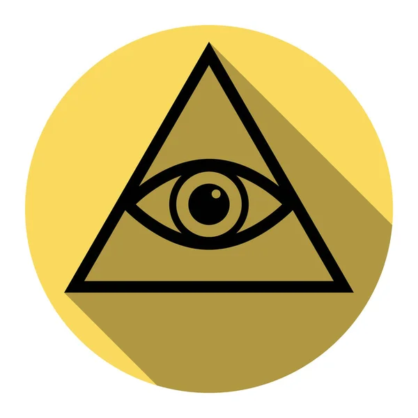 Όλοι που βλέπουν σύμβολο πυραμίδα μάτι. Ελευθερότεκτων και πνευματική. Διάνυσμα. Επίπεδη μαύρο εικονίδιο με επίπεδη σκιά στο Βασιλικό κίτρινο κύκλο με λευκό φόντο. Απομονωμένη. — Διανυσματικό Αρχείο