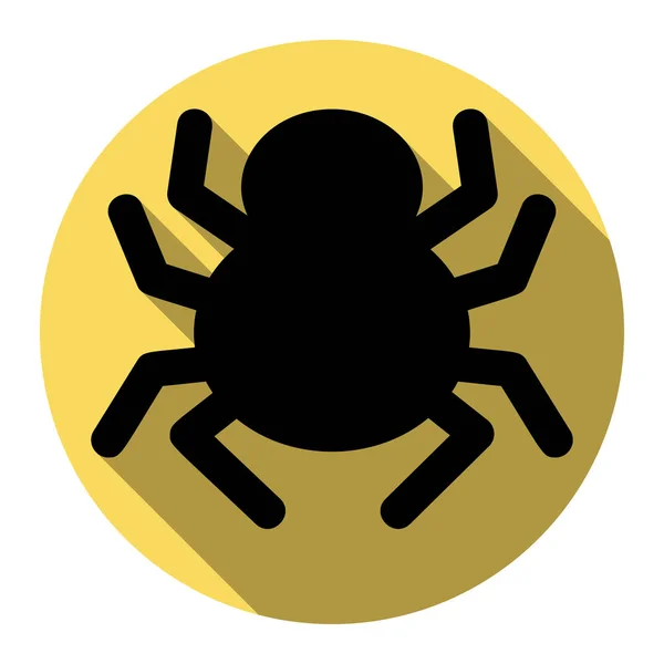 Illustration de signe d'araignée. Vecteur. Icône noire plate avec ombre plate sur cercle jaune royal avec fond blanc. Isolé . — Image vectorielle
