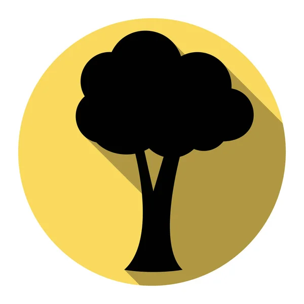 Δέντρο εικόνα σημάδι. Διάνυσμα. Επίπεδη μαύρο εικονίδιο με επίπεδη σκιά στο Βασιλικό κίτρινο κύκλο με λευκό φόντο. Απομονωμένη. — Διανυσματικό Αρχείο