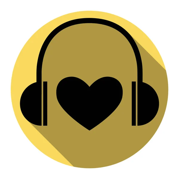 Écouteurs avec cœur. Vecteur. Icône noire plate avec ombre plate sur cercle jaune royal avec fond blanc. Isolé . — Image vectorielle