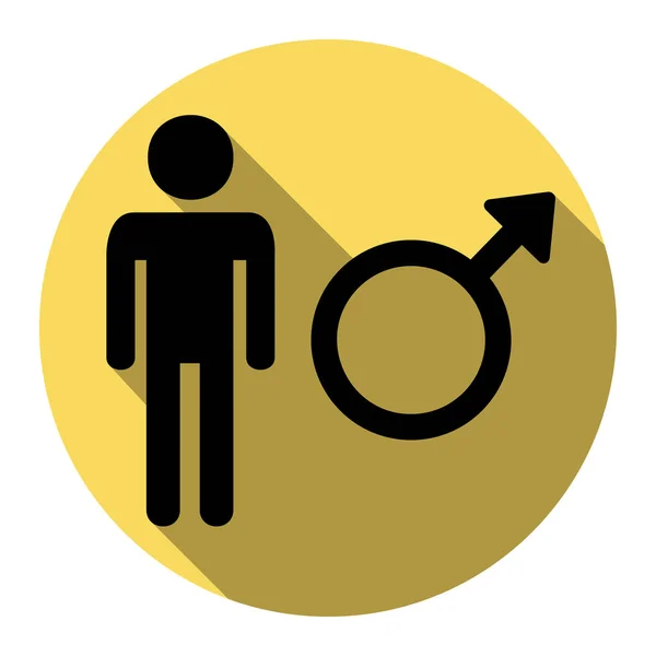 Illustration de signe masculin. Vecteur. Icône noire plate avec ombre plate sur cercle jaune royal avec fond blanc. Isolé . — Image vectorielle