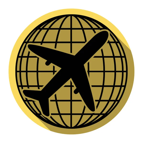 Globe and plane travel sign. Vecteur. Icône noire plate avec ombre plate sur cercle jaune royal avec fond blanc. Isolé . — Image vectorielle