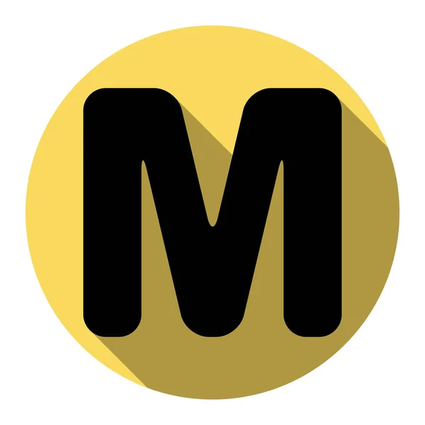 Letra M elemento de plantilla de diseño de signo. Vector. Icono plano negro con sombra plana en círculo amarillo real con fondo blanco. Aislado . — Vector de stock
