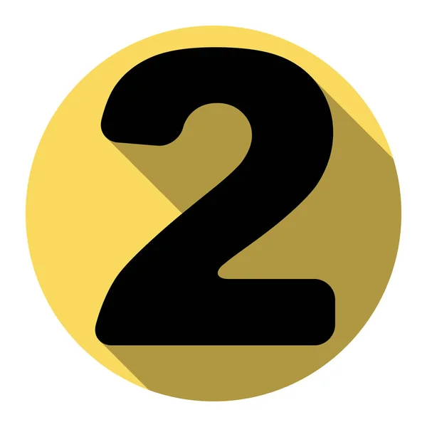 Nummer 2-underteckna designelement mall. Vektor. Platt svart ikon med platt skugga på royal gul cirkel med vit bakgrund. Isolerade. — Stock vektor