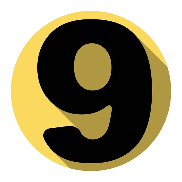 Número 9 elemento de plantilla de diseño de signo. Vector. Icono plano negro con sombra plana en círculo amarillo real con fondo blanco. Aislado . — Vector de stock