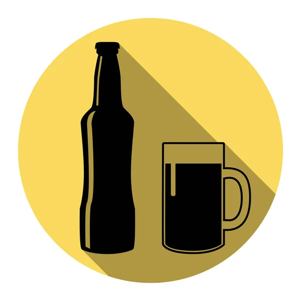 Signo de botella de cerveza. Vector. Icono plano negro con sombra plana en círculo amarillo real con fondo blanco. Aislado . — Vector de stock